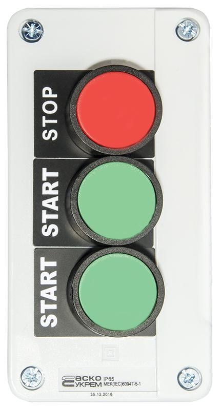 Пост трехместный АСКО-Укрем XAL-B361Н29 Старт1-Старт2-Стоп 2.5А 220V 2NO+1NC IP54 (A0140020008)