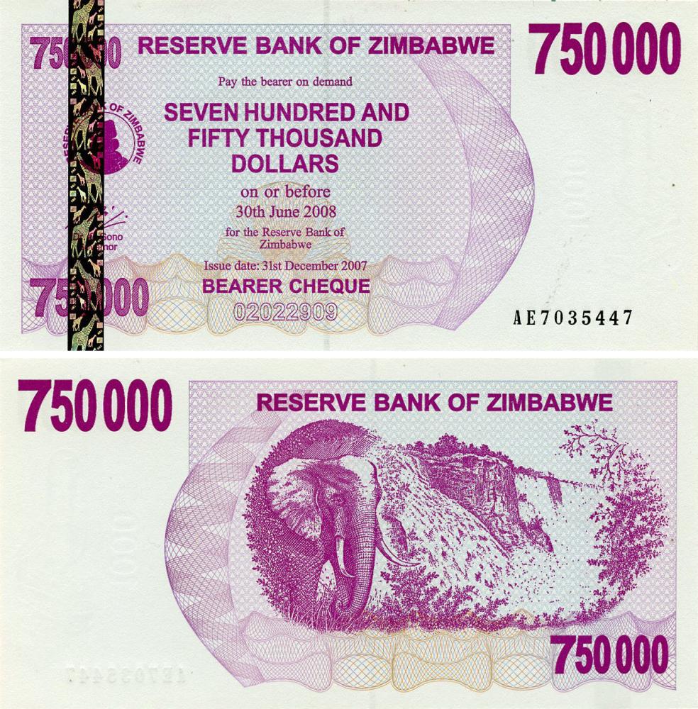 Банкнота колекційна Зімбабве 750000 доларів 2008 UNC Слон (P52)