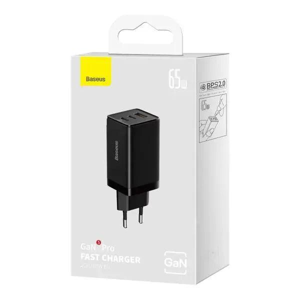 Зарядний пристрій BASEUS GaN5 Pro 65W з двома портами USB-C та USB та кабелем USB-C Чорний - фото 5