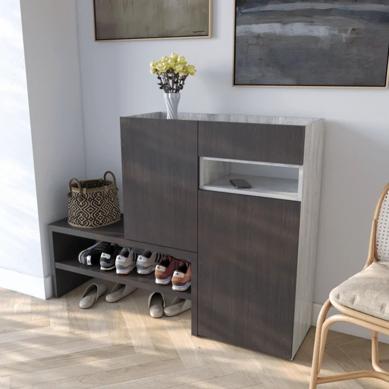 Тумба-подставка RS-4 для обуви в прихожую с дверцей и ящиком 1350х400х1017 мм ДСП 16 мм Бетон/Венге Магия (20288743) Тумба-подставка RS-4 для обуви в прихожую с дверцей и ящиком 1350х400х1017 мм ДСП 16 мм Бетон/Венге Магия (20288743)