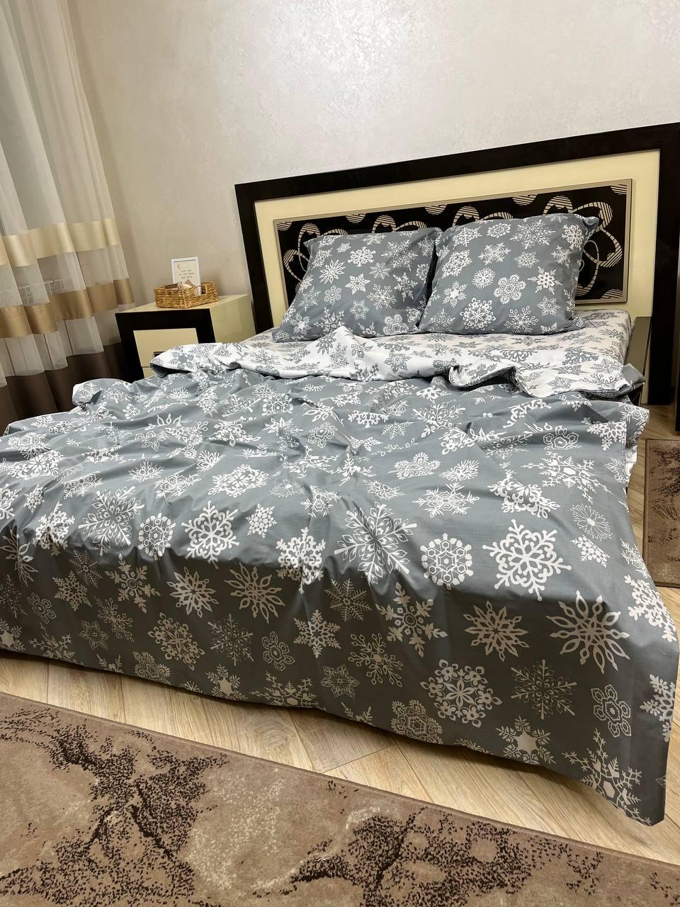 Комплект постільної білизни Сніжинки бавовняний двоспальний 180x220/70х70 см Сірий
