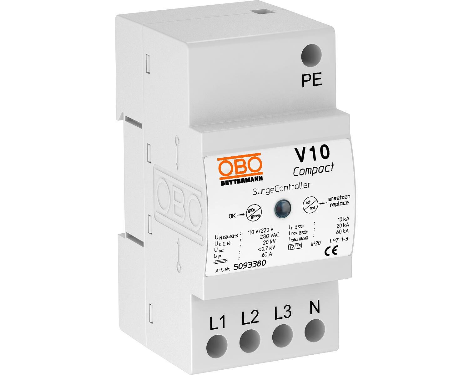 Обмежувач перенапруги OBO bettermann V10 COMPACT 255 3P+N/PE 60кА 255 В клас 2+3 C+D (5093380)