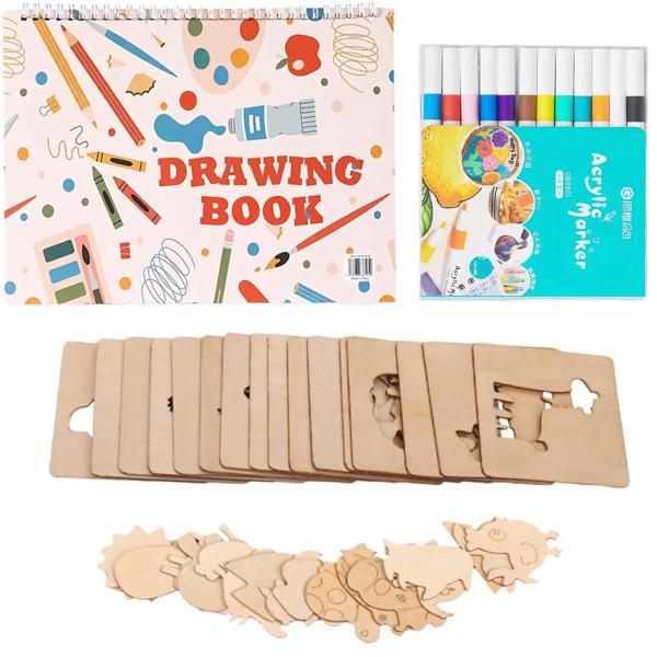 Набор трафаретов из дерева 20 шт./альбом для рисования с фломастерами (29162034)