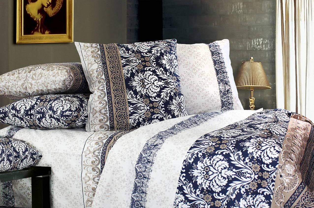 Комплект постельного белья двуспальный Еней-плюс Т0259 Бежевый/Синий/Коричневый