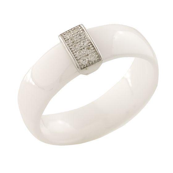 Кольцо LoveR из белой керамики с прямоугольной вставкой фианитов р. 18,5