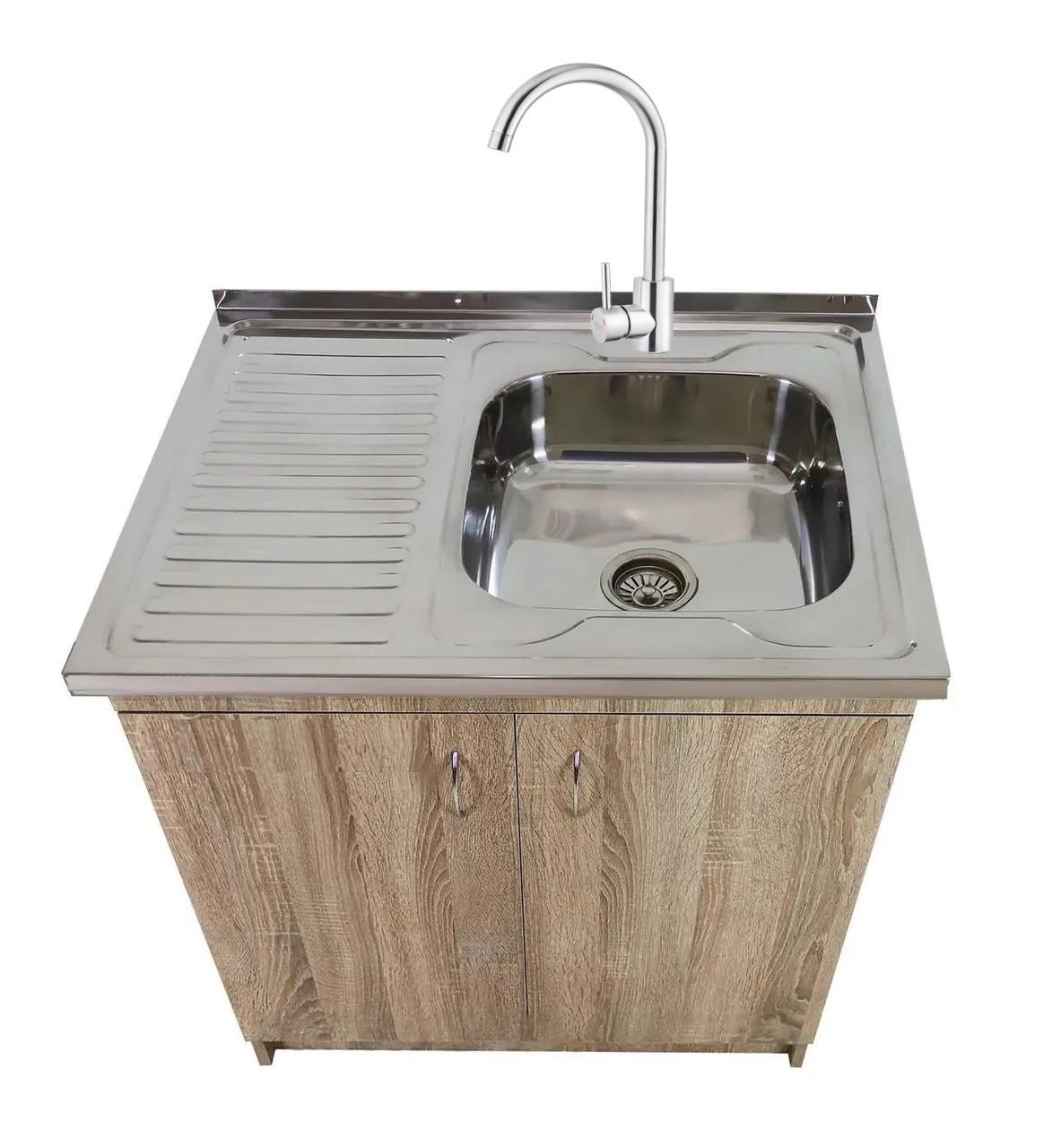 Тумба для кухни с мойкой 80х60 0,6 мм правая чаша смеситель и сифон Трюфель - фото 1