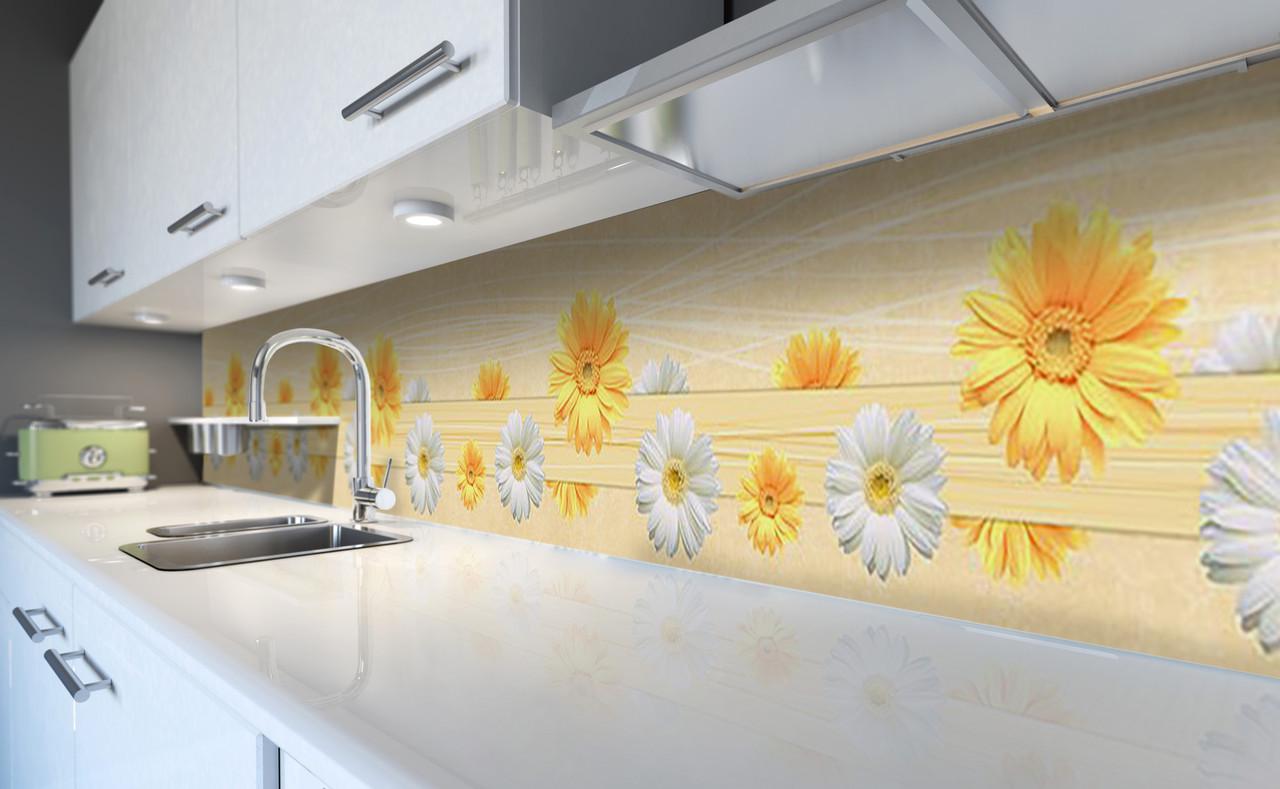 Кухонный фартук Веселые герберы из самоклеющейся виниловой пленки 65х300 см Желтый