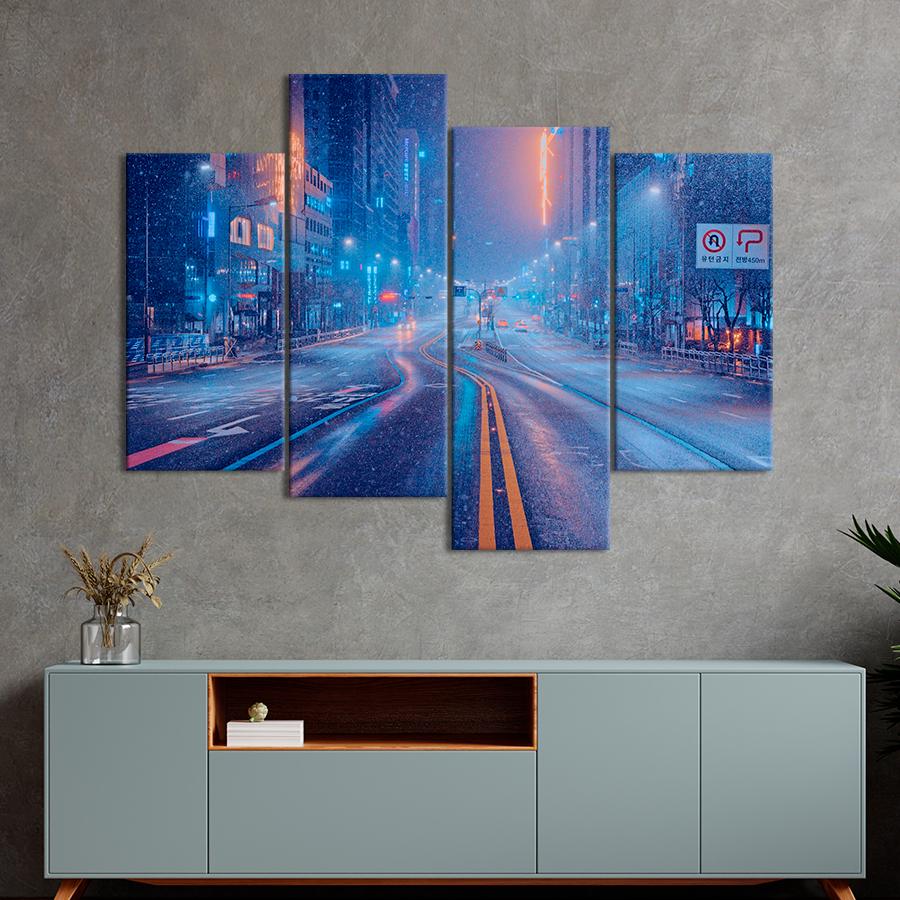 Картина город Снег и огни ночной улицы Нью-Йорка 129x90 см (A636-4)