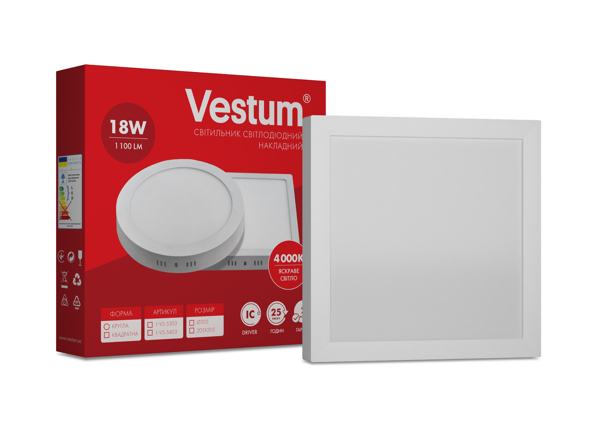 Светильник квадратный светодиодный Vestum 1-VS-5403 18W 4000K 220V накладной