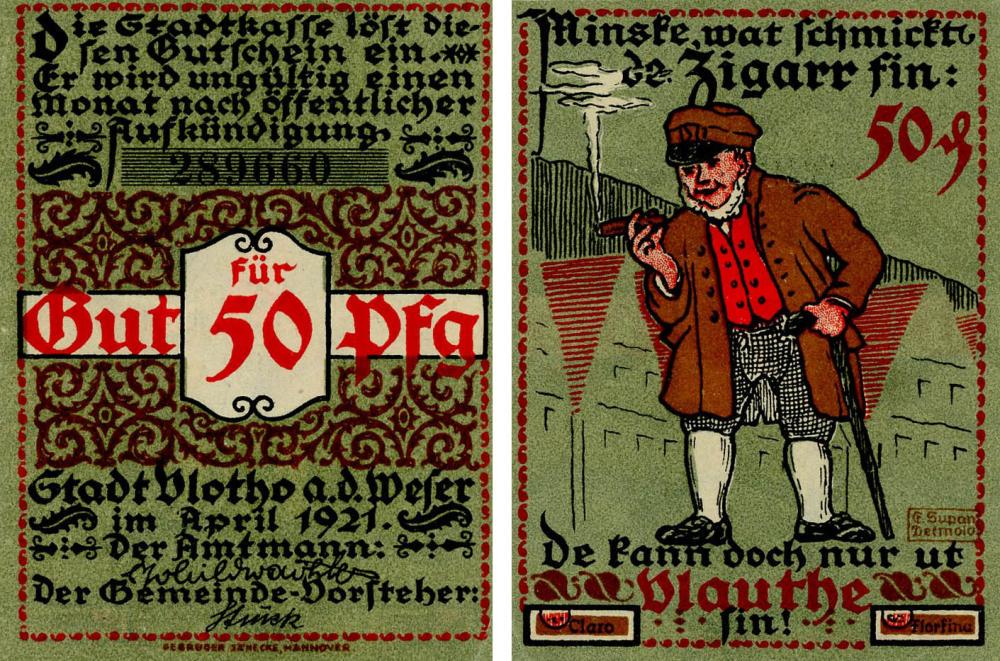 Коллекционная банкнота Германия Нотгельд 50 пфеннигов 1921 F-VF Флото (Б18646)