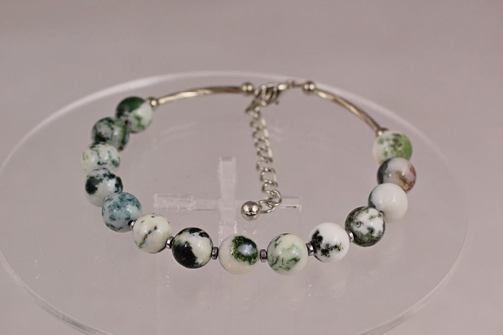 Браслет жесткий моховый агат 19 см 8 мм Серебристый (32899103)