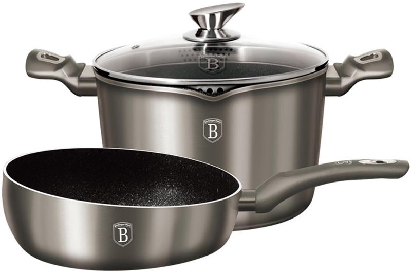 Набір посуду Berlinger Haus Carbon каструля 6 л з кришкою-друшляком і сковорода Шеф-кухар Ø 26 см (BH-1301N)