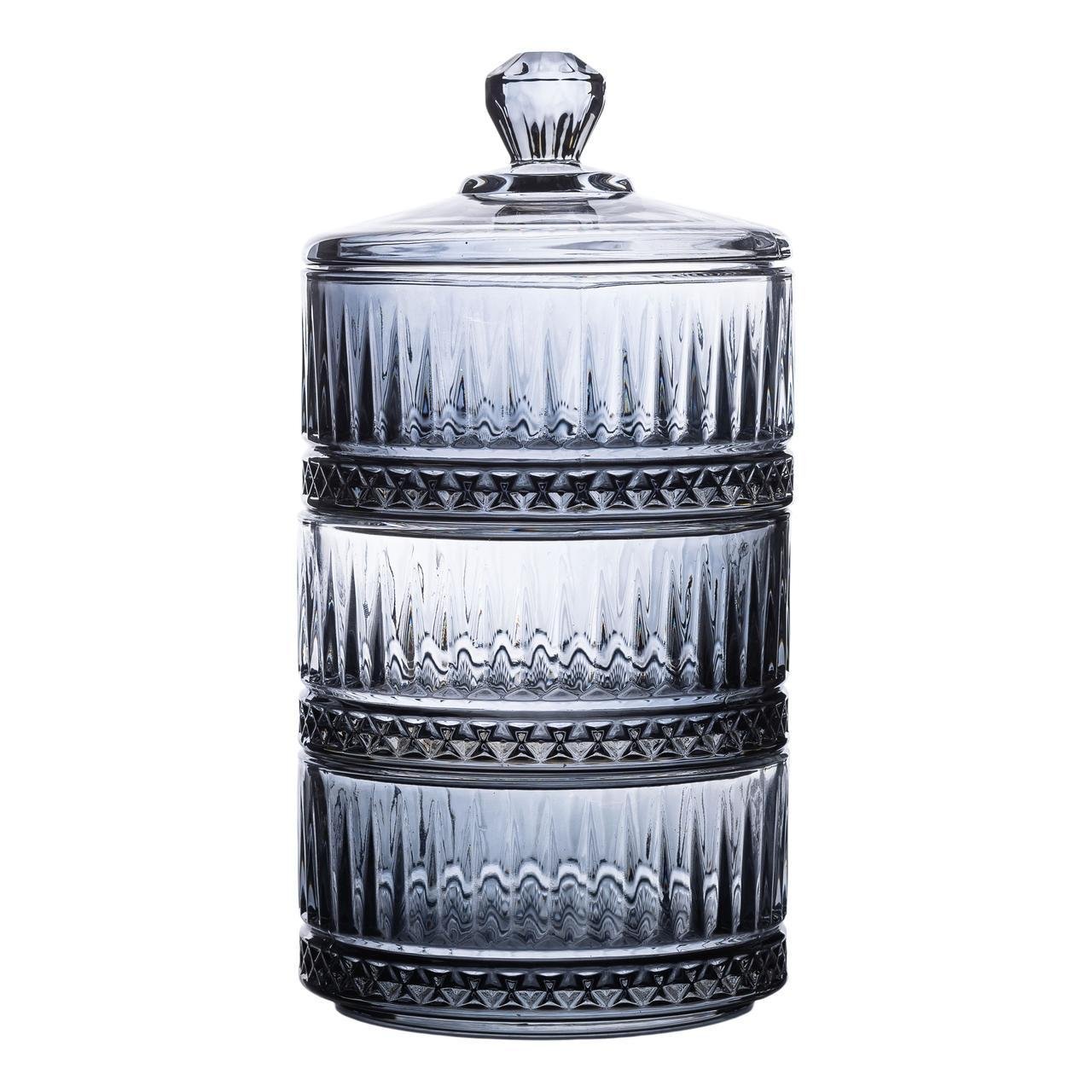 Конфетница трехуровневая стеклянная с крышкой Ø 10 см Серая (HP-YH-76)