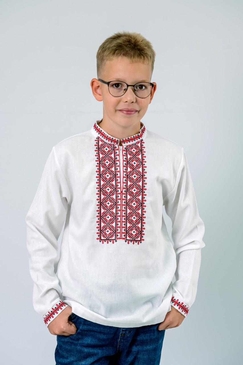 Вышиванка на мальчика лен с красным орнаметом с длинным рукавом 158 см Белый (1887835831) - фото 5