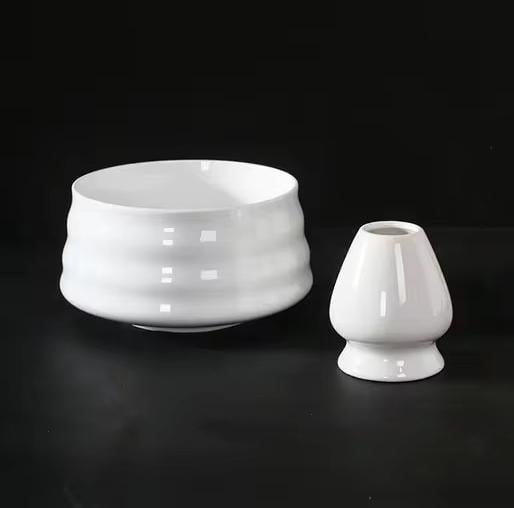 Комплект чаша Чаван/Тяван керамическая для чая матча с подставкой Кусенаоши венчика часен Белый глянец (KC14W)