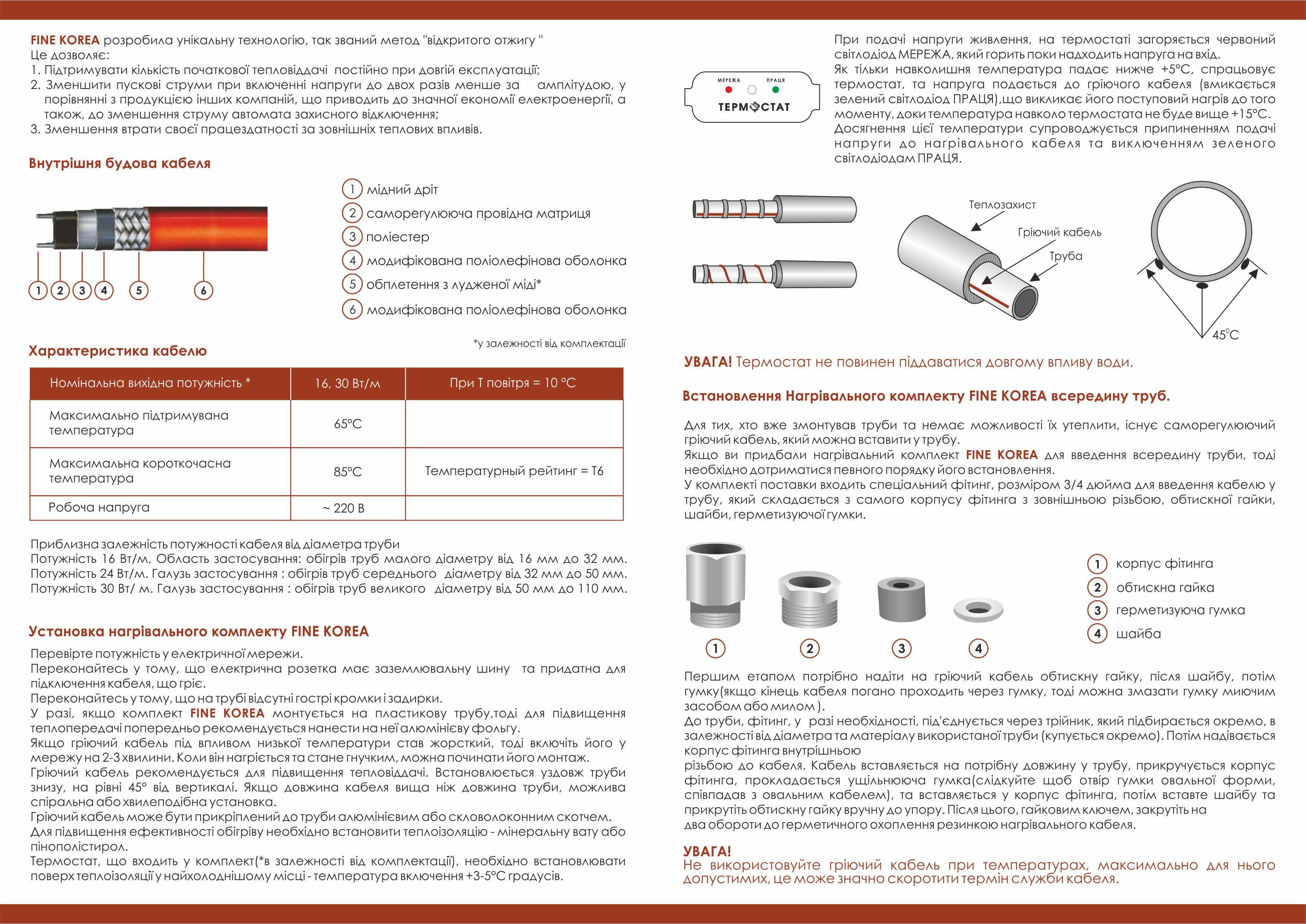 Набір для захисту труб від замерзання PI-FS16-2 з розміщенням усередині труби з саморегулюючим нагрівальним кабелем Fine Korea SRF(s) 16-2 CT з фітингом 2 м - фото 4