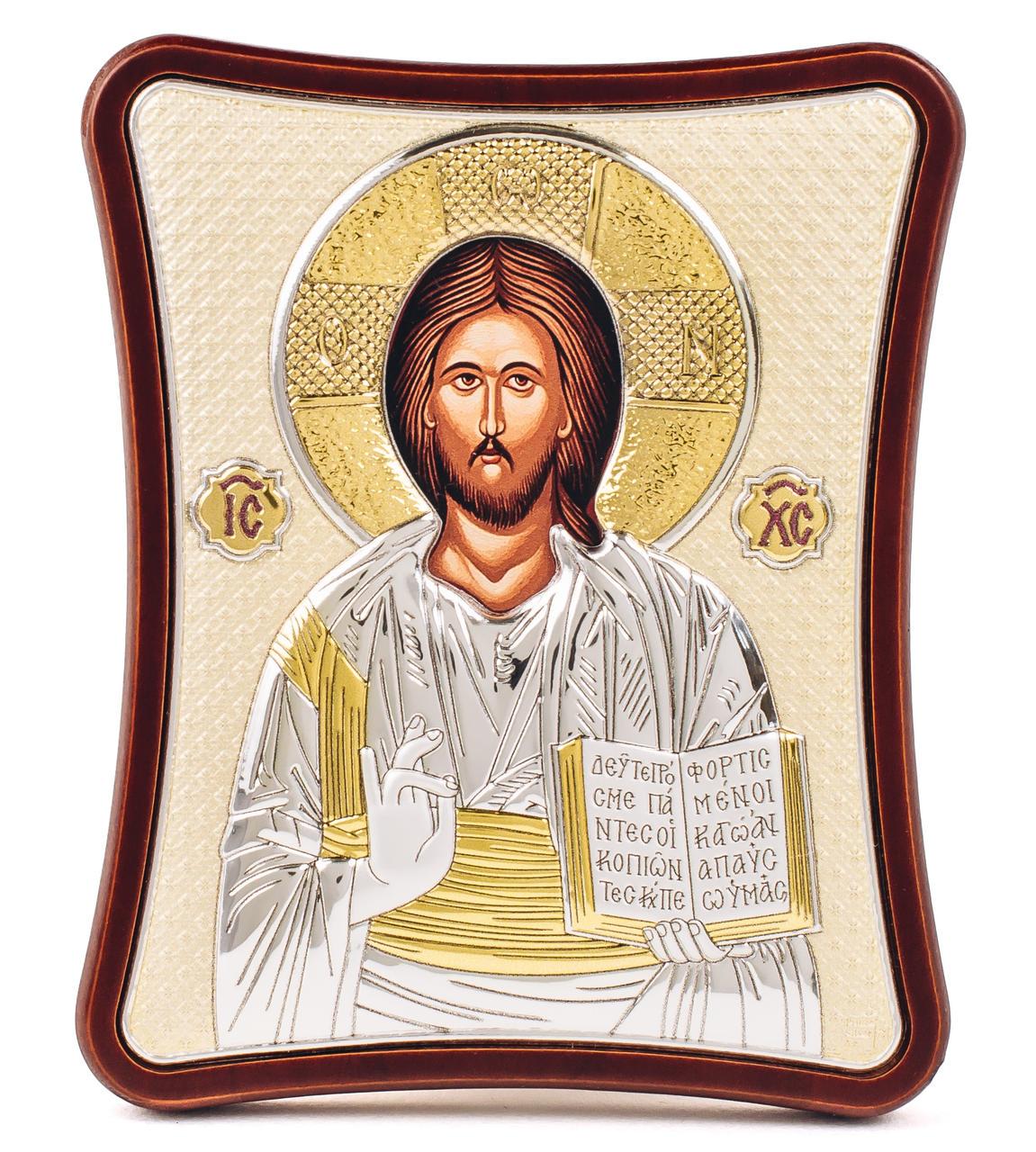 Срібна ікона Спаситель Ісус 12х14см на фоні прикрашеному сусальним золотом