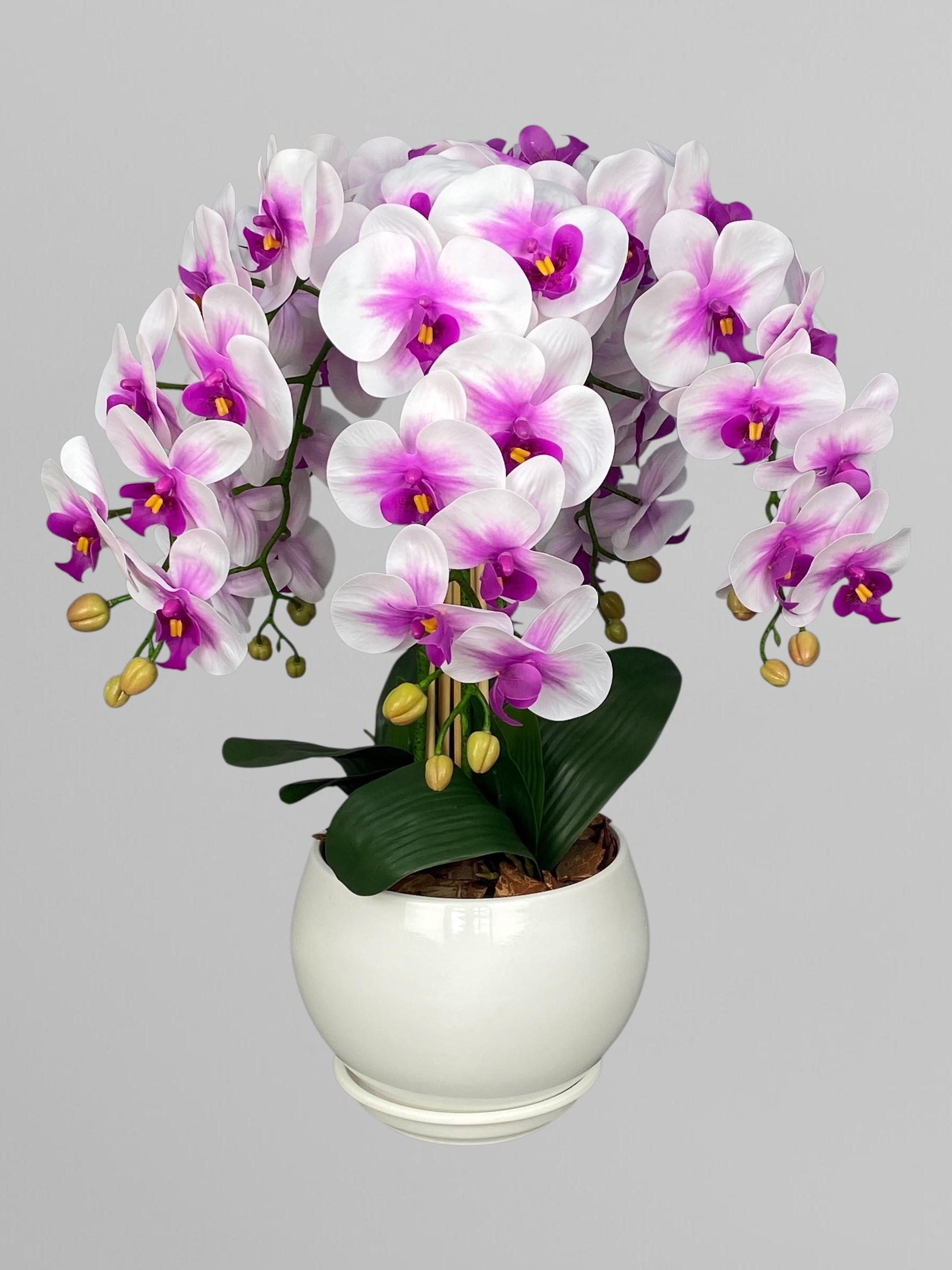 Композиція з штучних орхідей на 5 гілочок у керамічному кашпо 60 см Білий із бузковим градієнтом (А243)