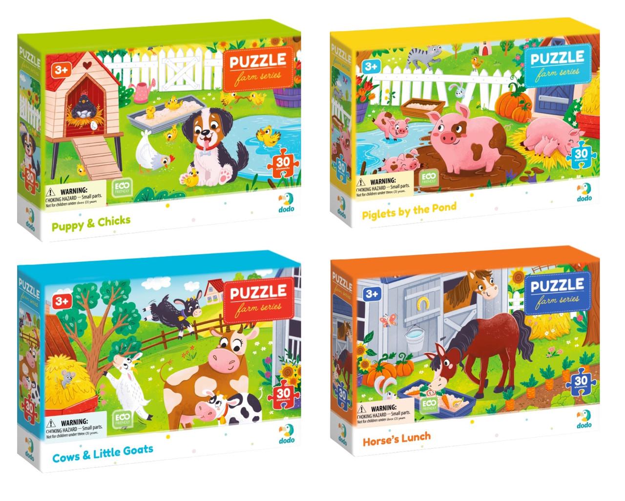 Комплект пазлів Dodo Тварини ферми 30 ел./Песик і курчата/Поросята Корови і козенята/Коник 4 шт. (2881704935)