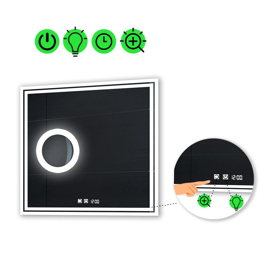 Зеркало с LED подсветкой Marita с двумя сенсорами/часами и линзой с подсветкой 100x100 см (Maritak36) Зеркало с LED подсветкой Marita с двумя сенсорами/часами и линзой с подсветкой 100x100 см (Maritak36)