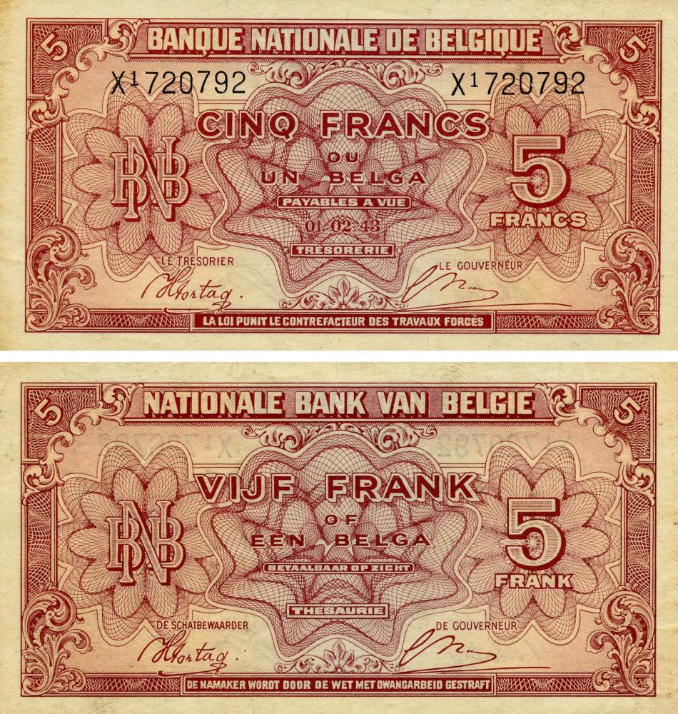Коллекционная банкнота Бельгия 5 франков 1943 F-VF
