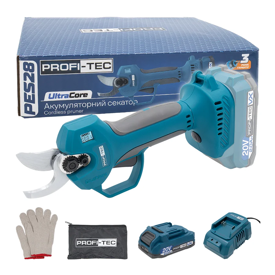 Секатор аккумуляторный PROFI-TEC PES28 UltraCore 2 Аг зарядное устройство (007630)