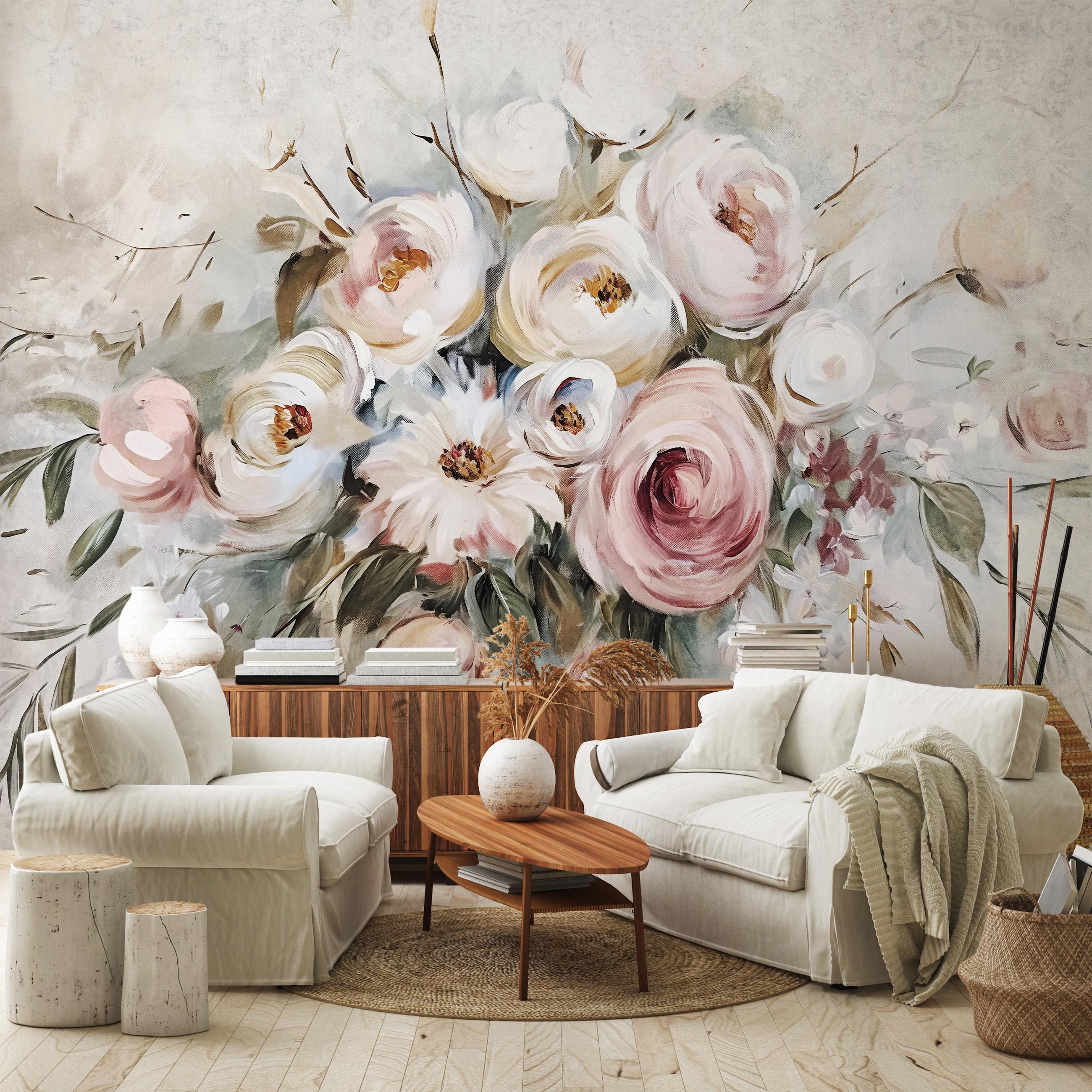 Фотообои флизелиновые Пастельные розы на акварели нежный цветочный узор с клеем 350x250 см (15356VX7)