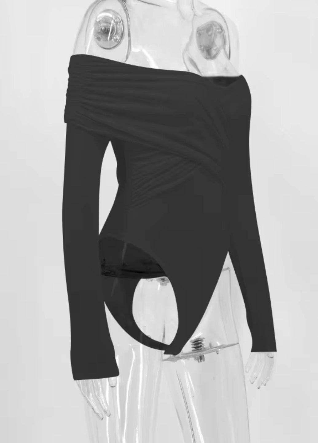 Боди женский с открытыми плечами и драпировкой однотонный 16087 L Черный - фото 11