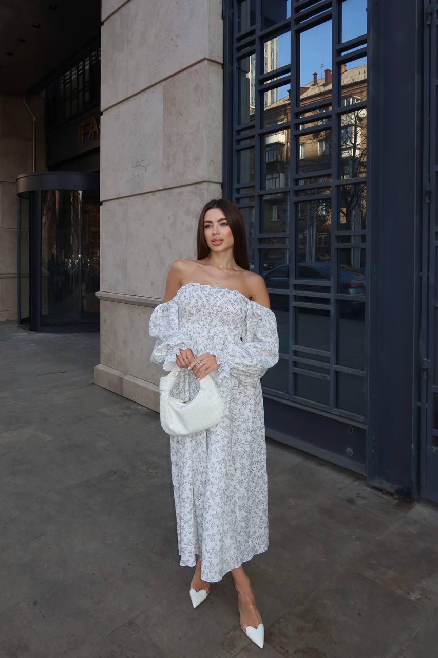 Платье женское муслиновое с объемными рукавами и цветочным принтом р. 42-48 Белый (33705115)