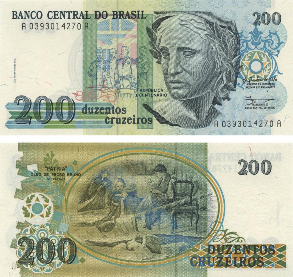 Коллекционная банкнота Бразилия 200 крузейрос 1990 UNC Без штампа P229 (Б09936)