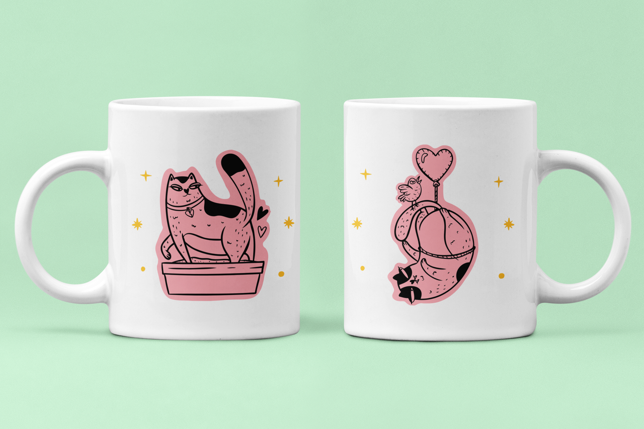 Чашки парные Кошки и Птичка для влюбленных 330 мл Белый (ВЛ225Ч)