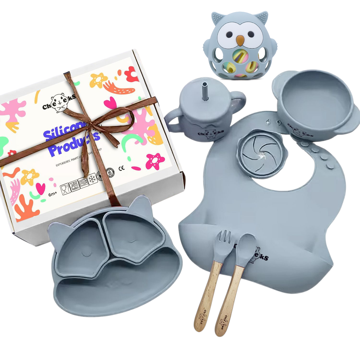 Набір дитячого посуду Cheeks з гризунком прорізувачем-брязкальцем Блакитний (28273636)