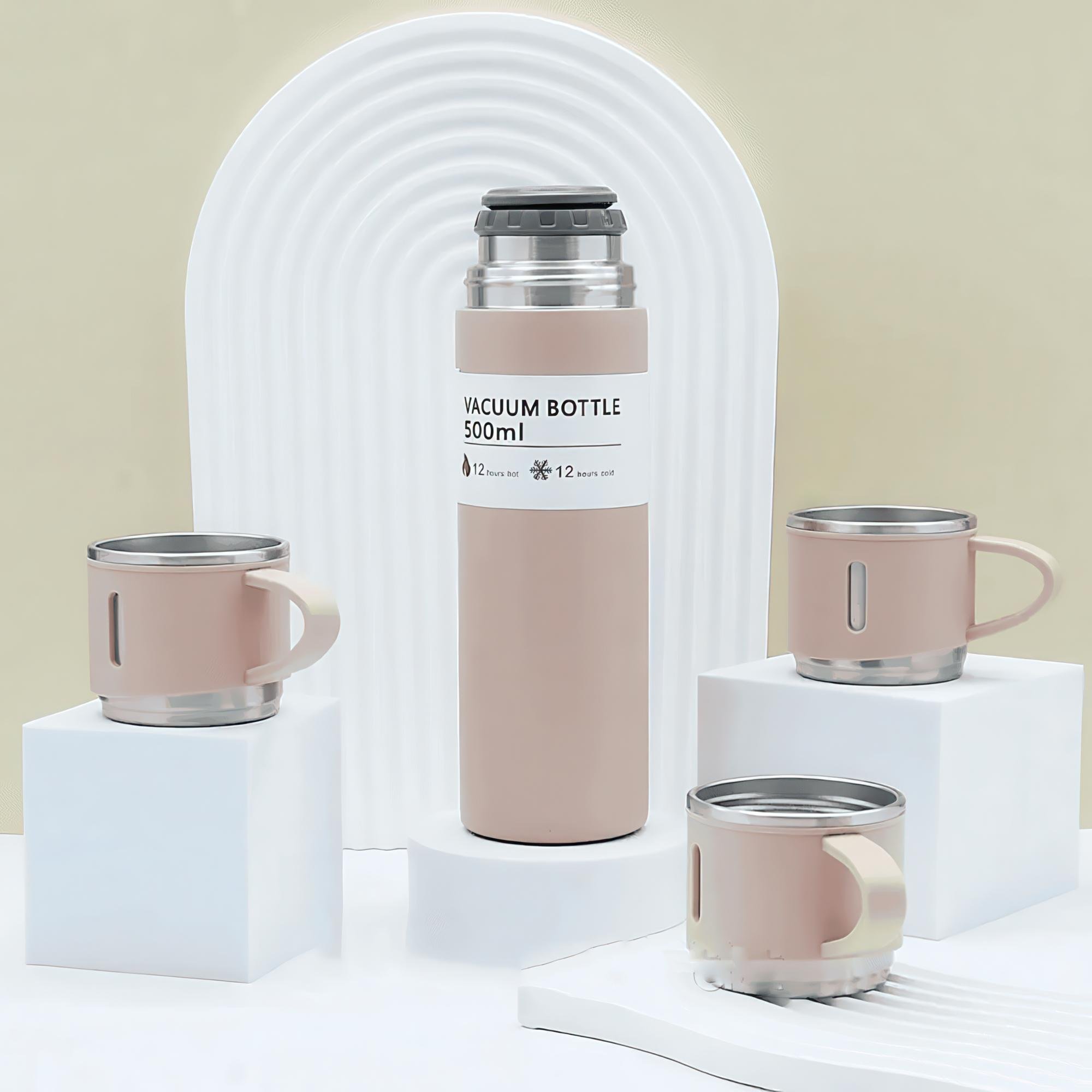 Термос с 3 кружками для чая и кофе нержавеющая сталь 500 мл Розовый