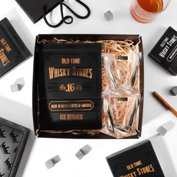 Подарочный набор для алкоголя камни для виски Whiskey Stones 16 шт. и 2 стакана Bohemia Quadro хрустальные (6ca3d3e9)