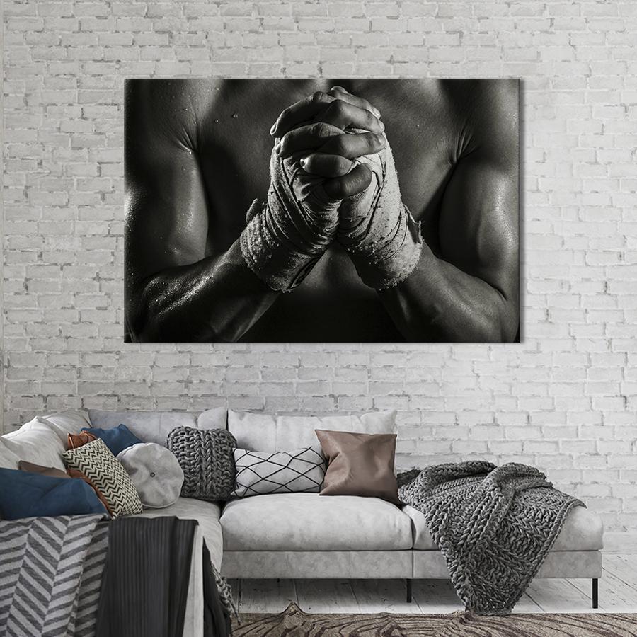 Настенный декор картина на холсте для интерьера Спортсмен с повязками на руках 120x80 см (489-1)