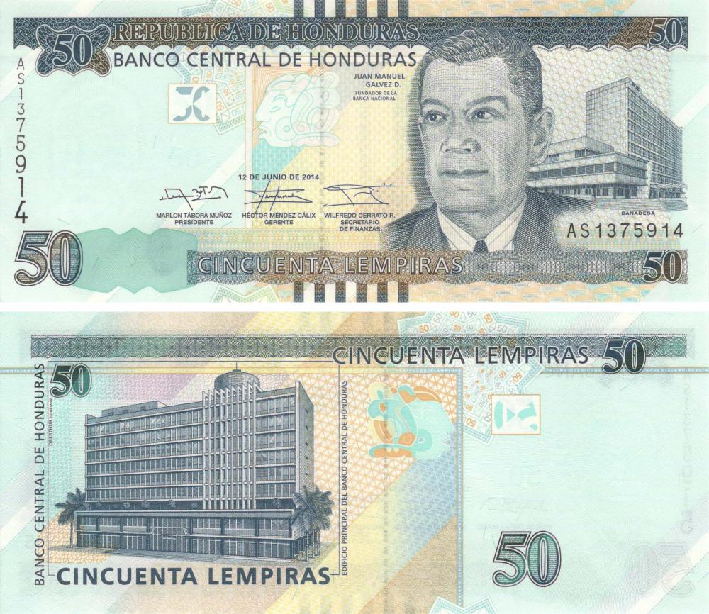 Коллекционная банкнота Гондурас 50 лемпир 2014 UNC P101 (Б06158)
