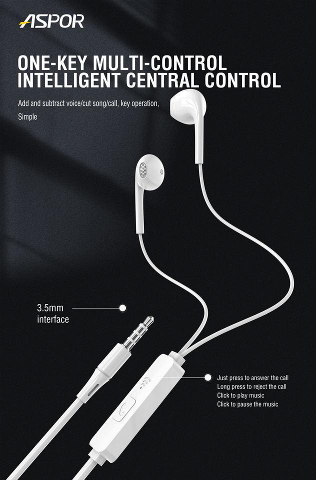 Наушники с микрофоном Aspor A219 Stereo Earphone 3,5 мм Белый (1858272870) - фото 2 Наушники с микрофоном Aspor A219 Stereo Earphone 3,5 мм Белый (1858272870) - фото 2