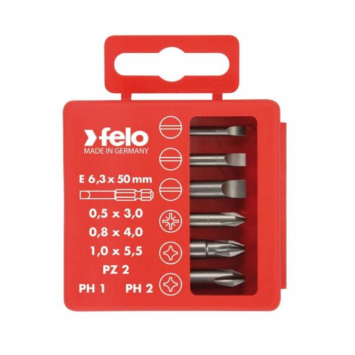 Набор бит Felo 50 мм 0,5х3,0/0,8х4,0/1,0х5,5/PZ2/PH1/PH2 ассортимент электрика 6 шт. 03092516 (14386)