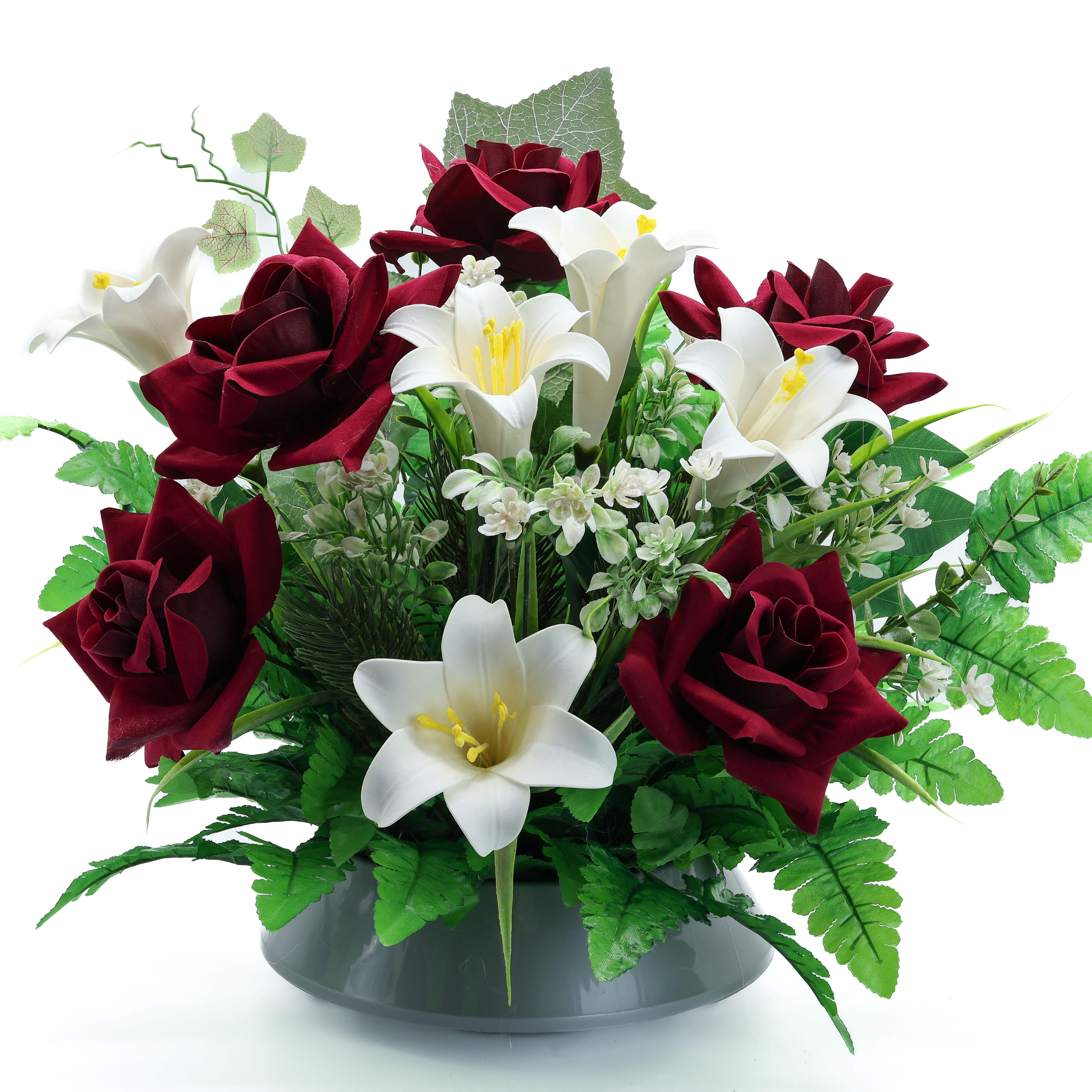 Ритуальна квіткова композиція Gala Decor з елітних троянд та лілій з зеленню у сірому кашпо 40х40 см