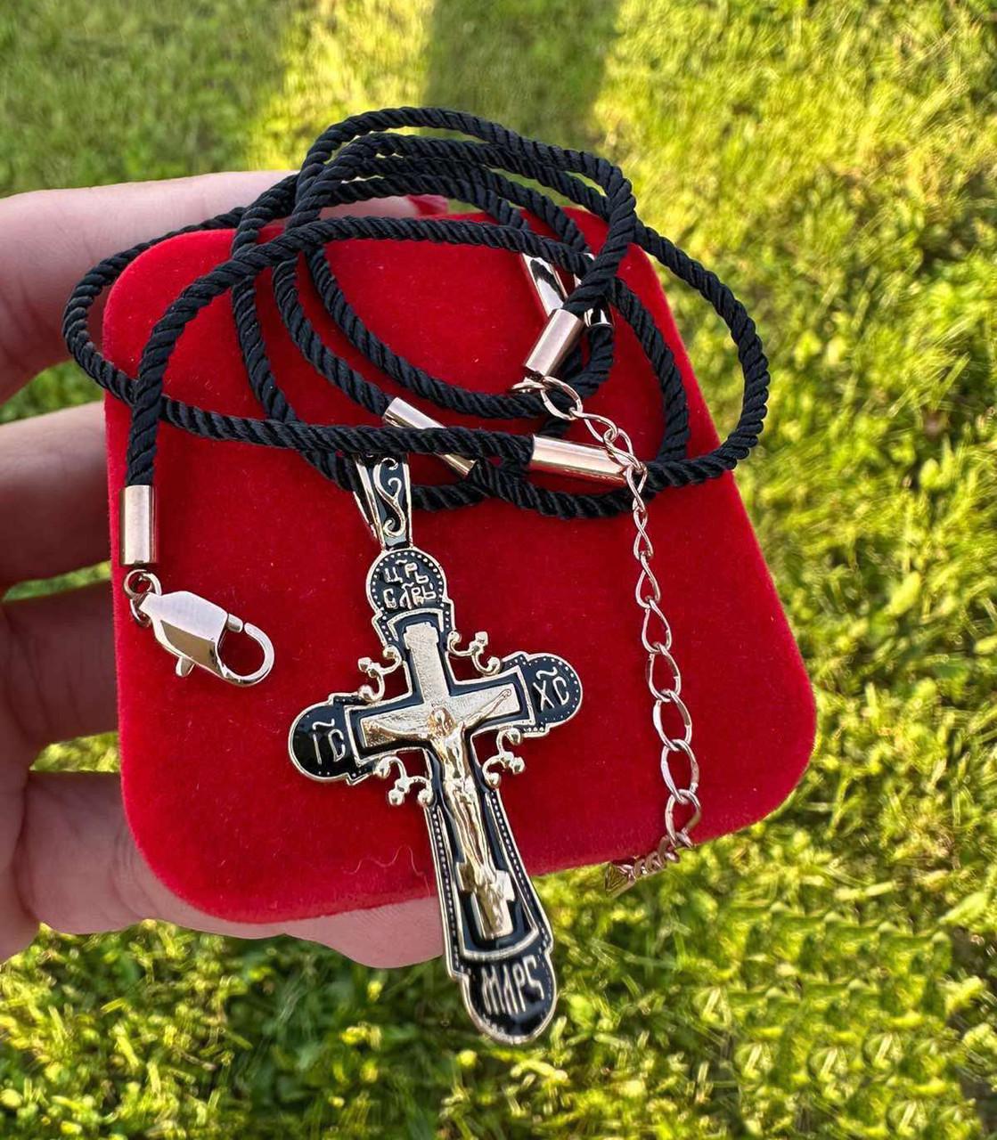 Набор украшений Xuping веревка 45/50/55/60 см 3 мм/крестик Православный 4,5х2,3 см 18к 585п Золотой на черной нити (82-053-1)