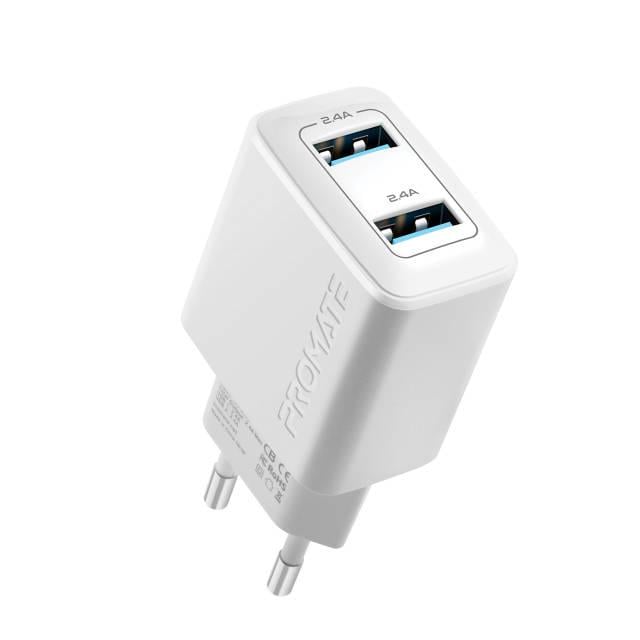 Мережевий зарядний пристрій Promate BiPlug 12Вт 2 USB White