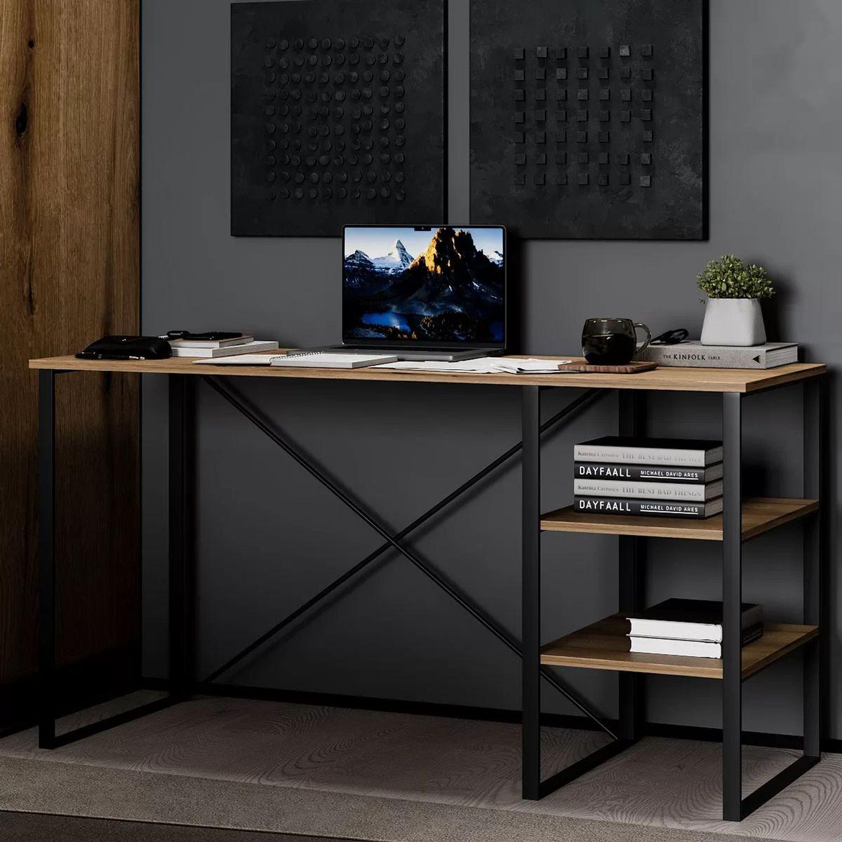 Комп’ютерний стіл у стилі лофт AiH Ascet з полицями ламіноване ДСП/металеві ніжки 140х73х50 см Дуб Евок (AS11100000030)