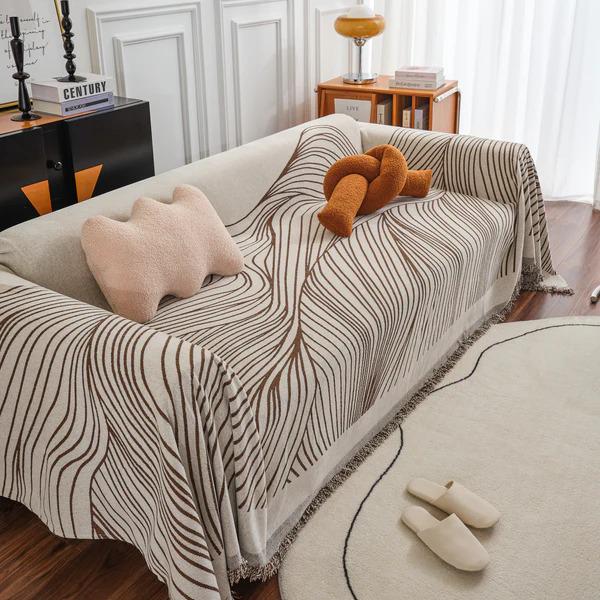 Плед покрывало на диван и кровать для мягкой мебели в коричневую полосу 180х230 см Бежевый