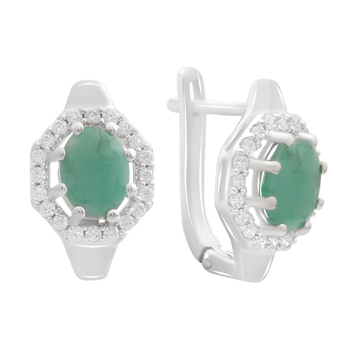 Сережки срібні з натуральним смарагдом овальної форми в ореольному обрамленні Сережки срібні з натуральним смарагдом овальної форми в ореольному обрамленні