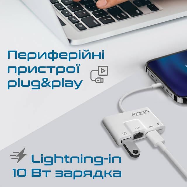 Адаптер Promate MediaSync-LT Lightning to USB 3.0 OTG/RJ45/HDMI/10Вт Lightning-in White - фото 5