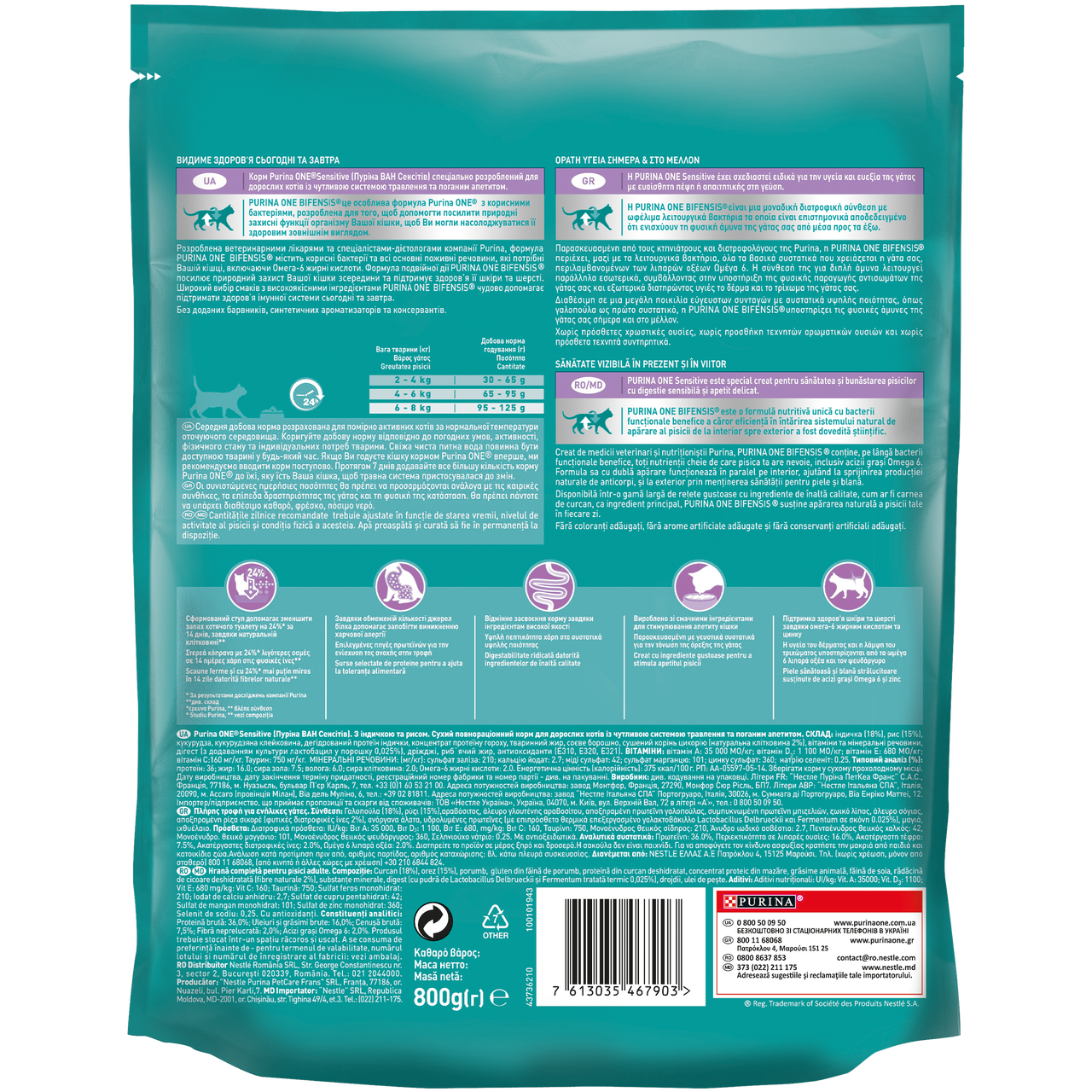 Сухий корм для кішок Purina One Sensitive з індичкою і рисом 800 г (7613035467903) - фото 2 Сухий корм для кішок Purina One Sensitive з індичкою і рисом 800 г (7613035467903) - фото 2