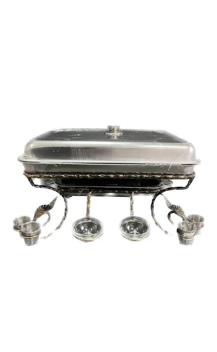 Садж для разогрева и подачи шашлыка кованый с рюмками и соусницами