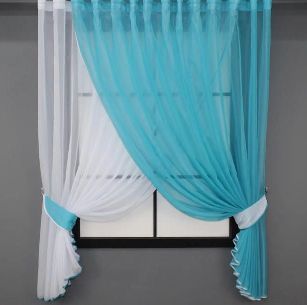 Комплект штор с подвязками на кухню 330х170 см Лазурный/Белый (060к)