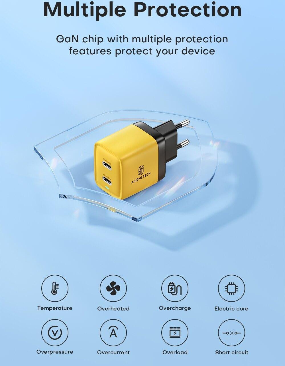 Зарядний пристрій мережевий Asometech GAN 40W 2 type-c Yellow (25397315) - фото 6 Зарядний пристрій мережевий Asometech GAN 40W 2 type-c Yellow (25397315) - фото 6