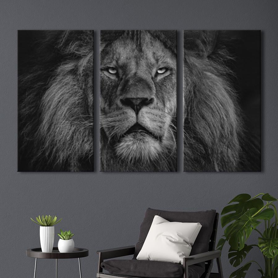 Модульная картина на холсте триптих Чернобелый лев 78x48 см (MK311621)